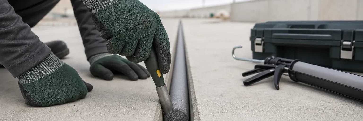 Backer rod positioned at controlled depth between two concrete joint faces before sealant application