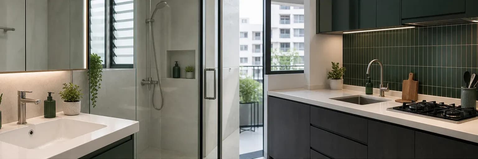 Clean bathroom basin, tiled wall and glass perimeter joints shown in humid daylight
