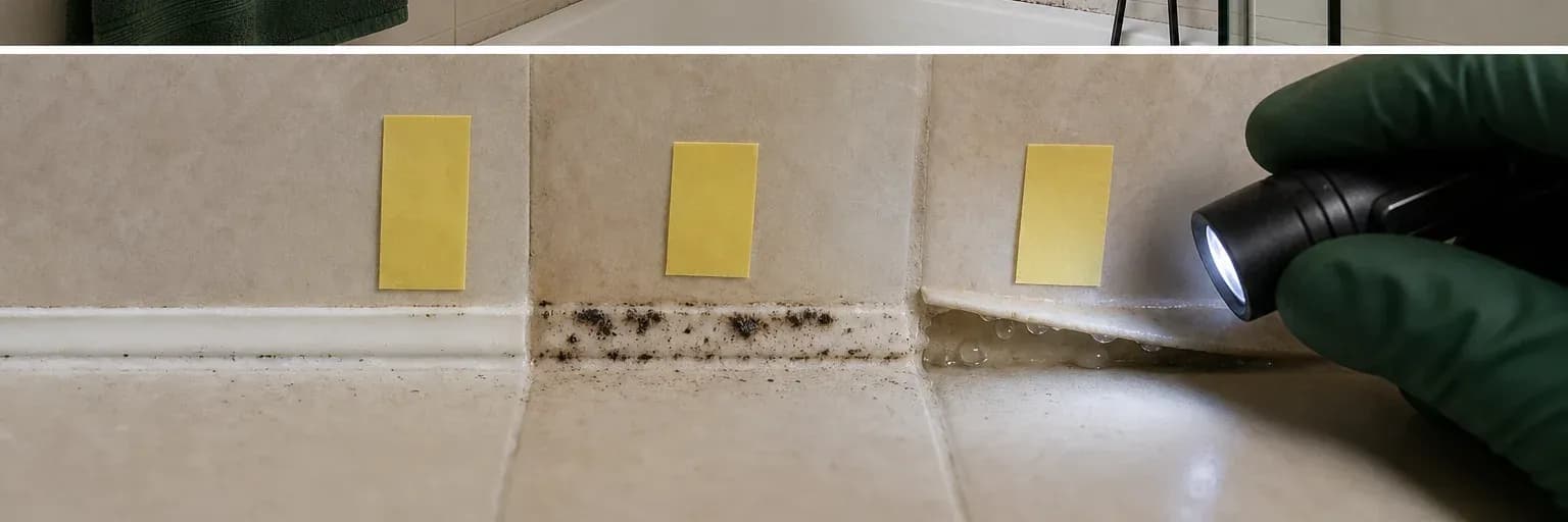 Close-up of water droplets and soap residue collecting along a bathroom silicone joint before dark growth develops