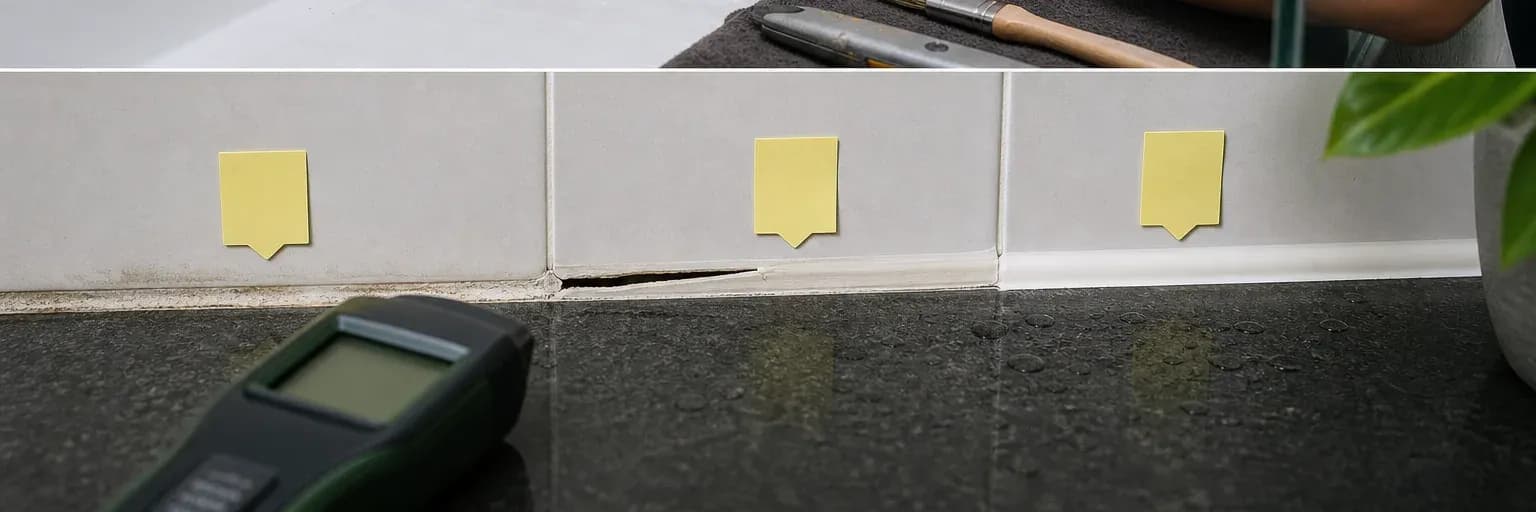 Bathroom perimeter showing separate examples of surface deposits, lifted sealant edge and split bead