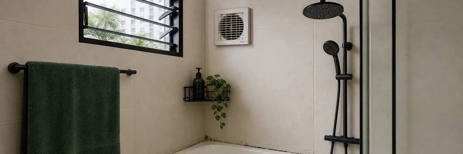 Bathroom corner with separate examples of surface specks and a dark line visible behind a lifted silicone edge