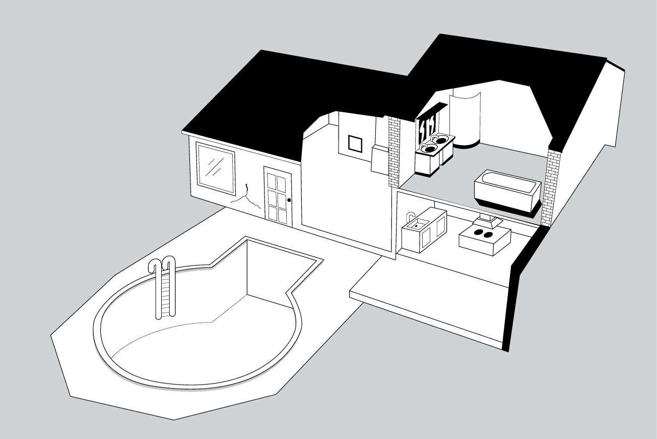 Cutaway three-dimensional house showing common sealant application areas