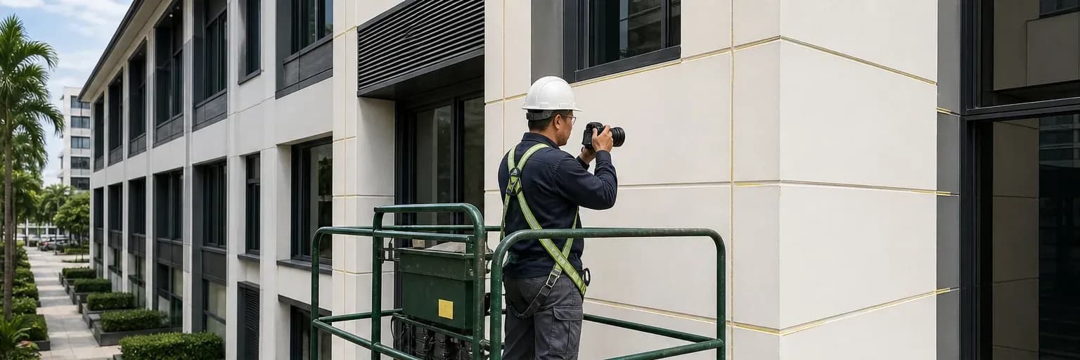 Building façade perimeter joints being photographed and recorded from a safe access platform