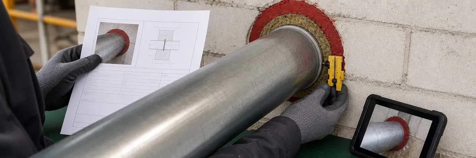 Cutaway firestop assembly showing rated wall, pipe penetration, backing and sealant depth as separate labelled components