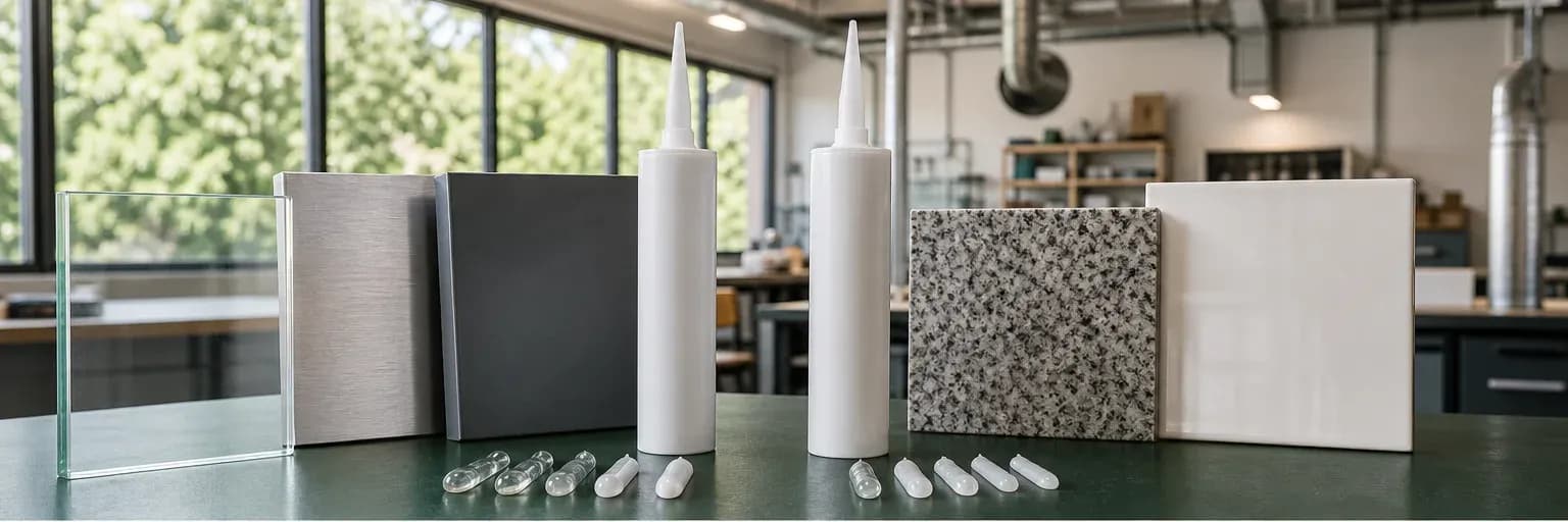 Two silicone joint samples beside glass, coated metal and masonry substrate pieces in a materials workspace