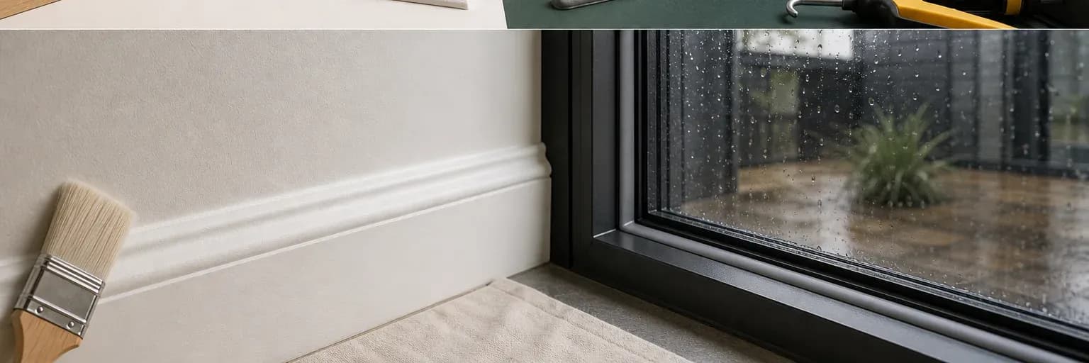 Close view of a painted trim joint beside a separate flexible glazing perimeter joint