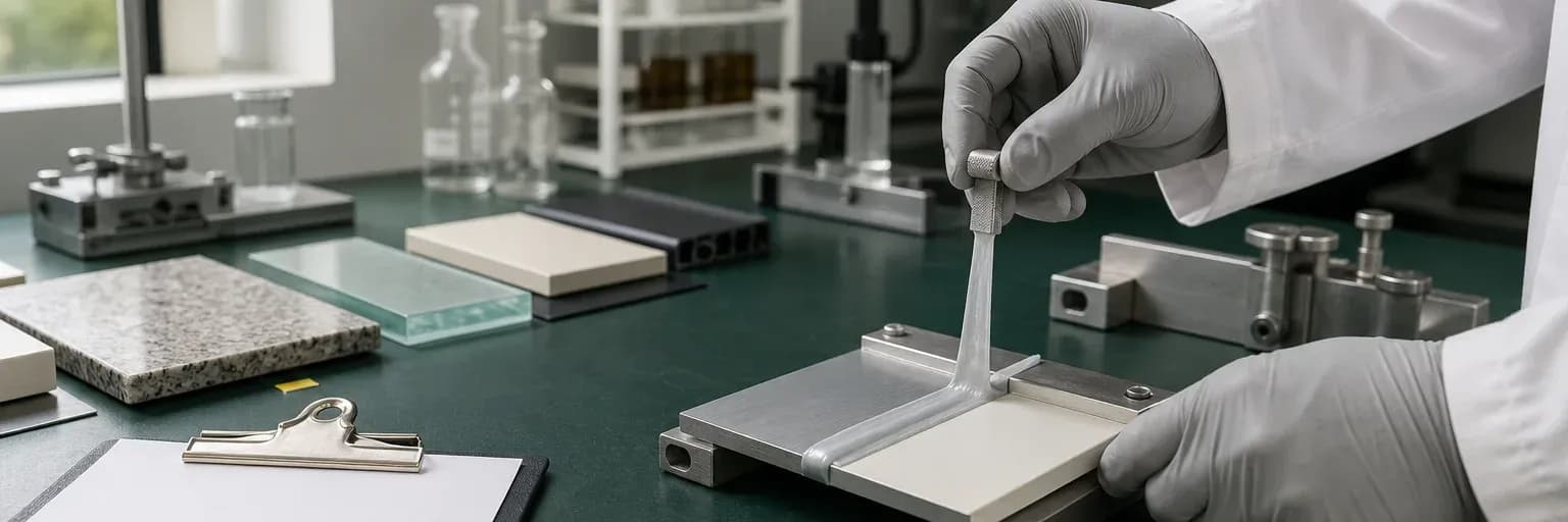 Labelled substrate coupons with cured sealant beads prepared for adhesion and staining observations