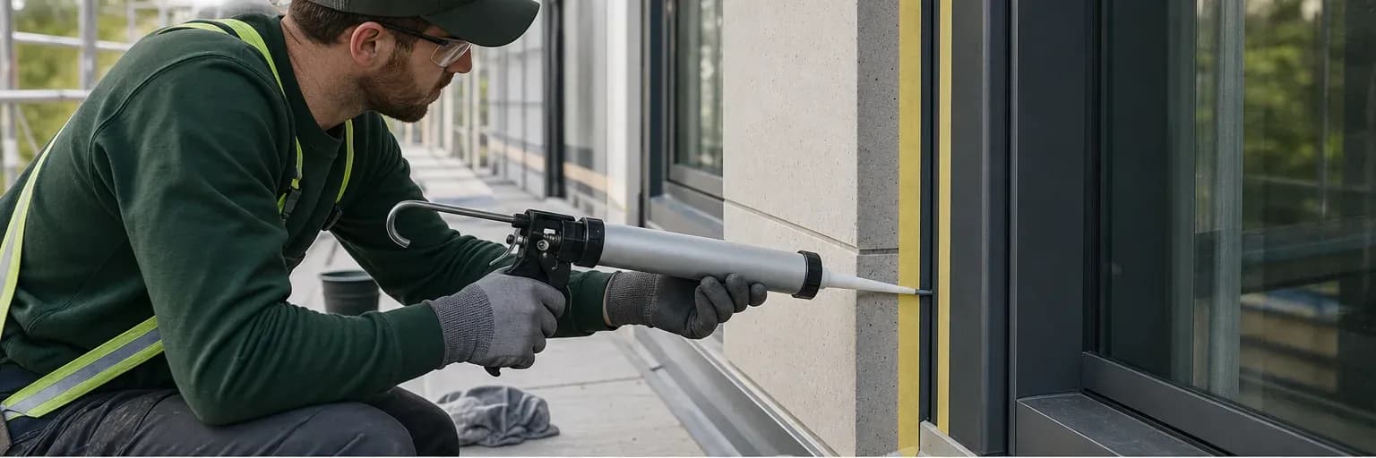 Gloved installer preparing a clean construction joint with a cartridge gun and backing materials nearby