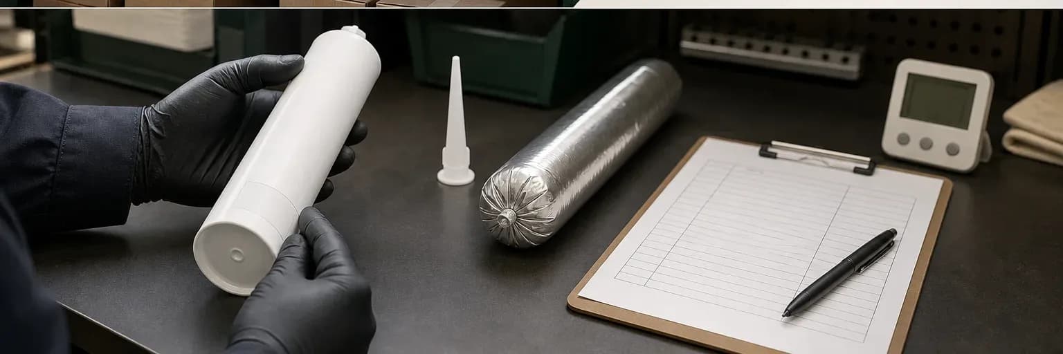 Close view of a sealant batch code, date field, intact plunger and undamaged nozzle seal being checked