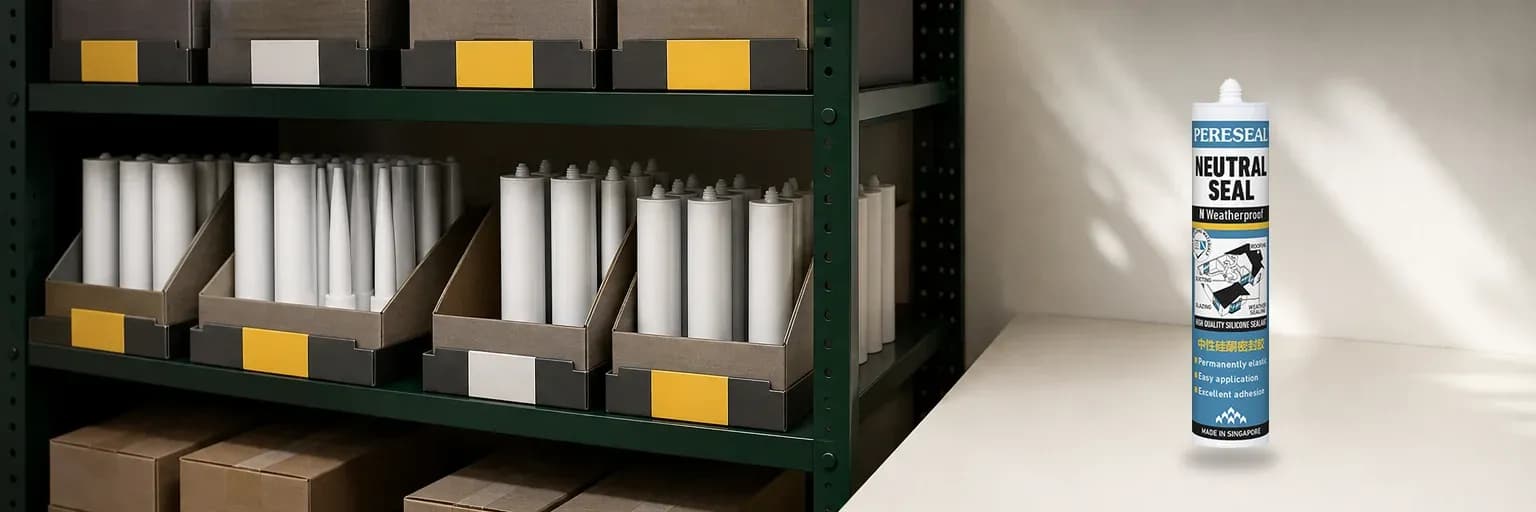 Sealant cartridges and sausages stored upright in a shaded labelled cabinet with batch records