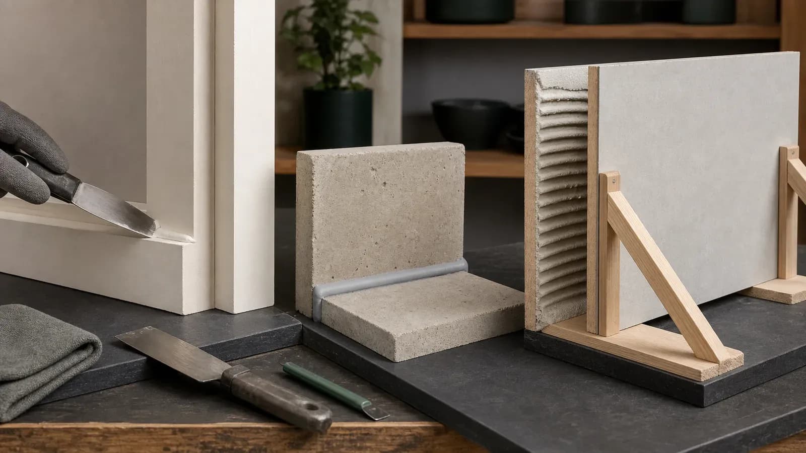 Workshop samples showing a tooled interior caulk joint, a flexible perimeter seal and a temporarily supported bonded panel