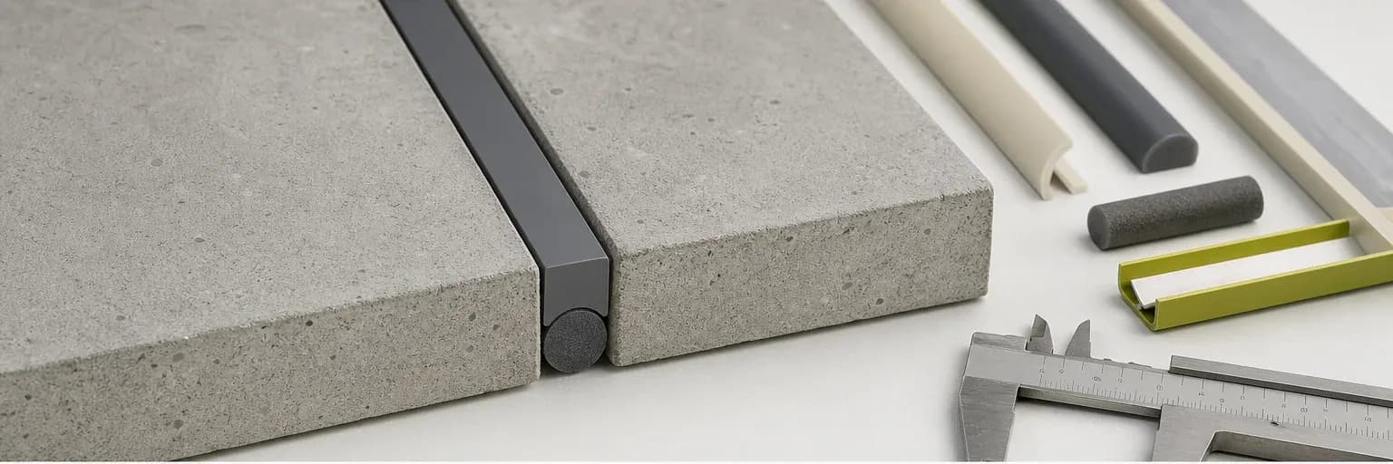 Architectural joint cross-section showing two bonding faces, backer rod and an hourglass-shaped sealant bead