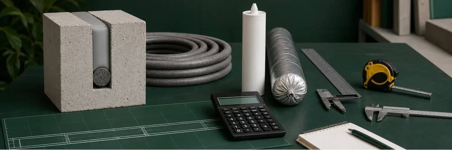 Measured joint cross-section, length plan and calculator beside unbranded cartridge and sausage pack silhouettes