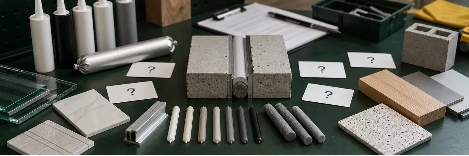 Sealant cartridges, substrate samples, backing rod and technical documents arranged as a selection checklist