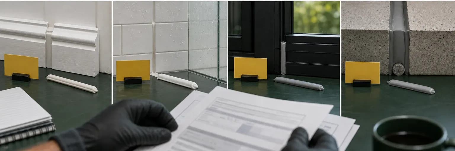 Concrete, painted trim, glass, metal and tile samples beside moisture and movement notes