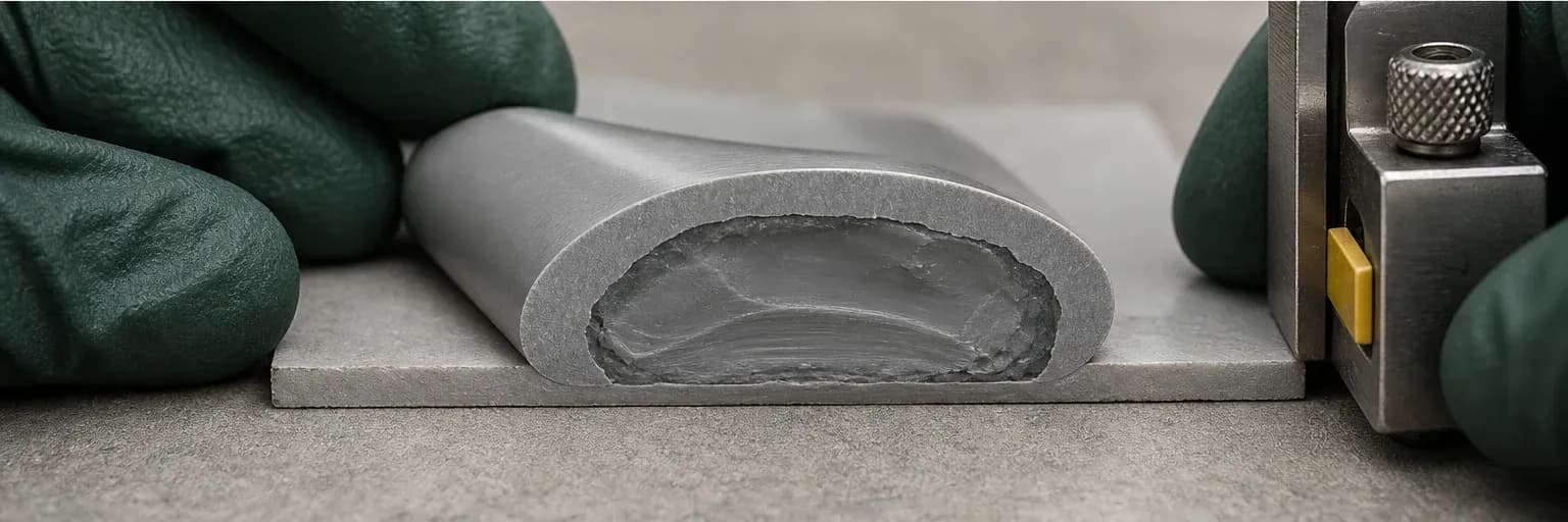 Cutaway sealant bead with cured outer layer and softer uncured centre beneath it