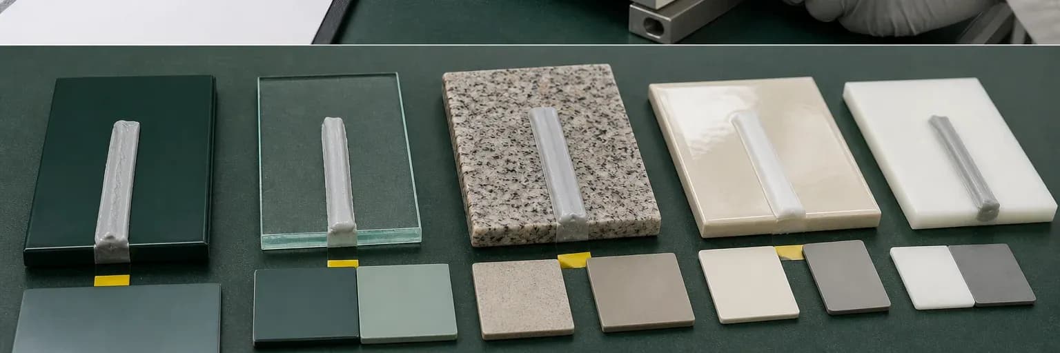 Coated aluminium, glass, stone, plastic and membrane coupons labelled before sealant testing