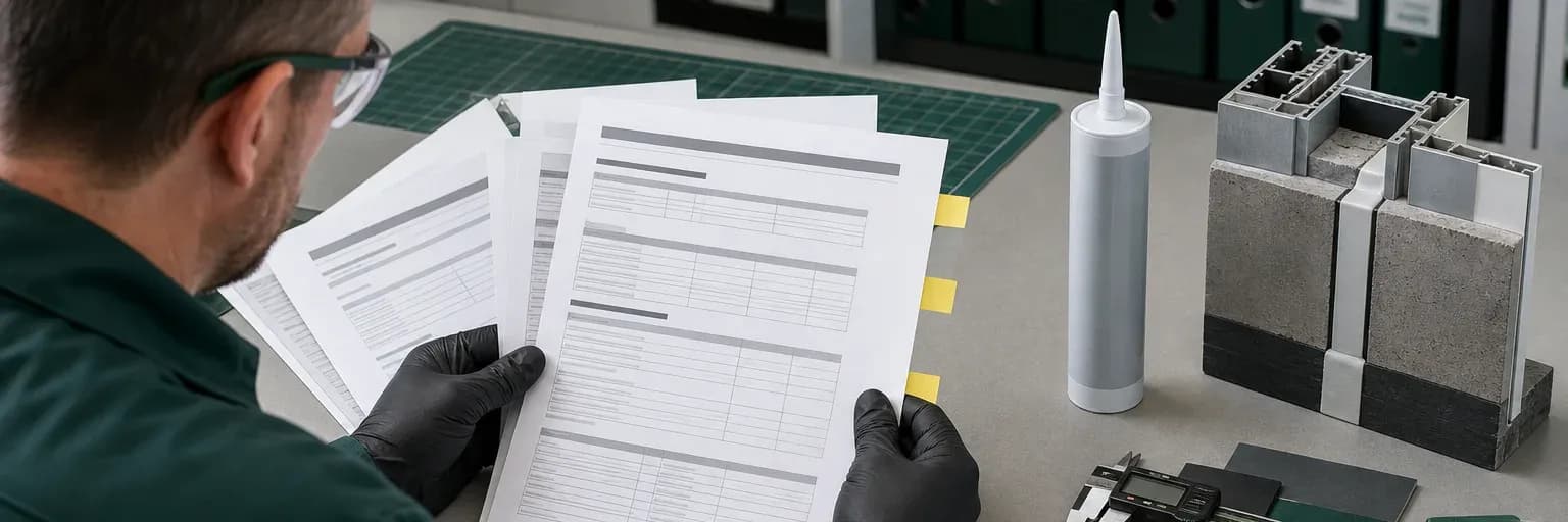 Technical data sheet, sealant cartridge and joint detail reviewed together on a clean worktable