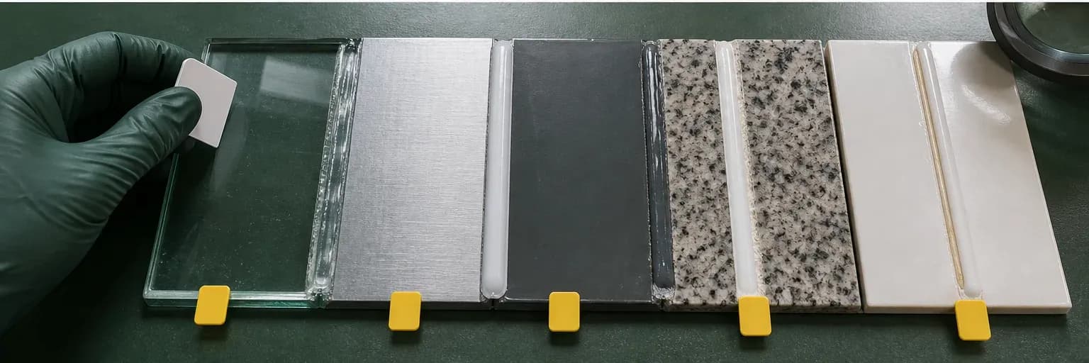 Glass, ceramic, coated aluminium, masonry and plastic samples arranged for silicone compatibility review