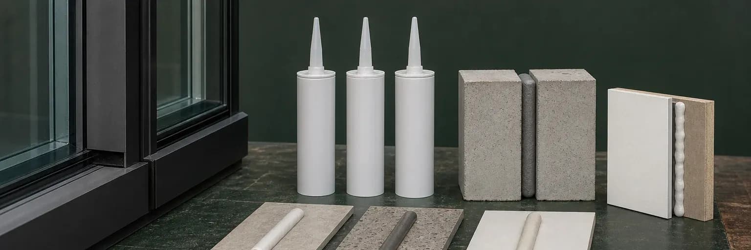 Three labelled material-family work areas beside glass, concrete and installation substrate samples without branded packaging