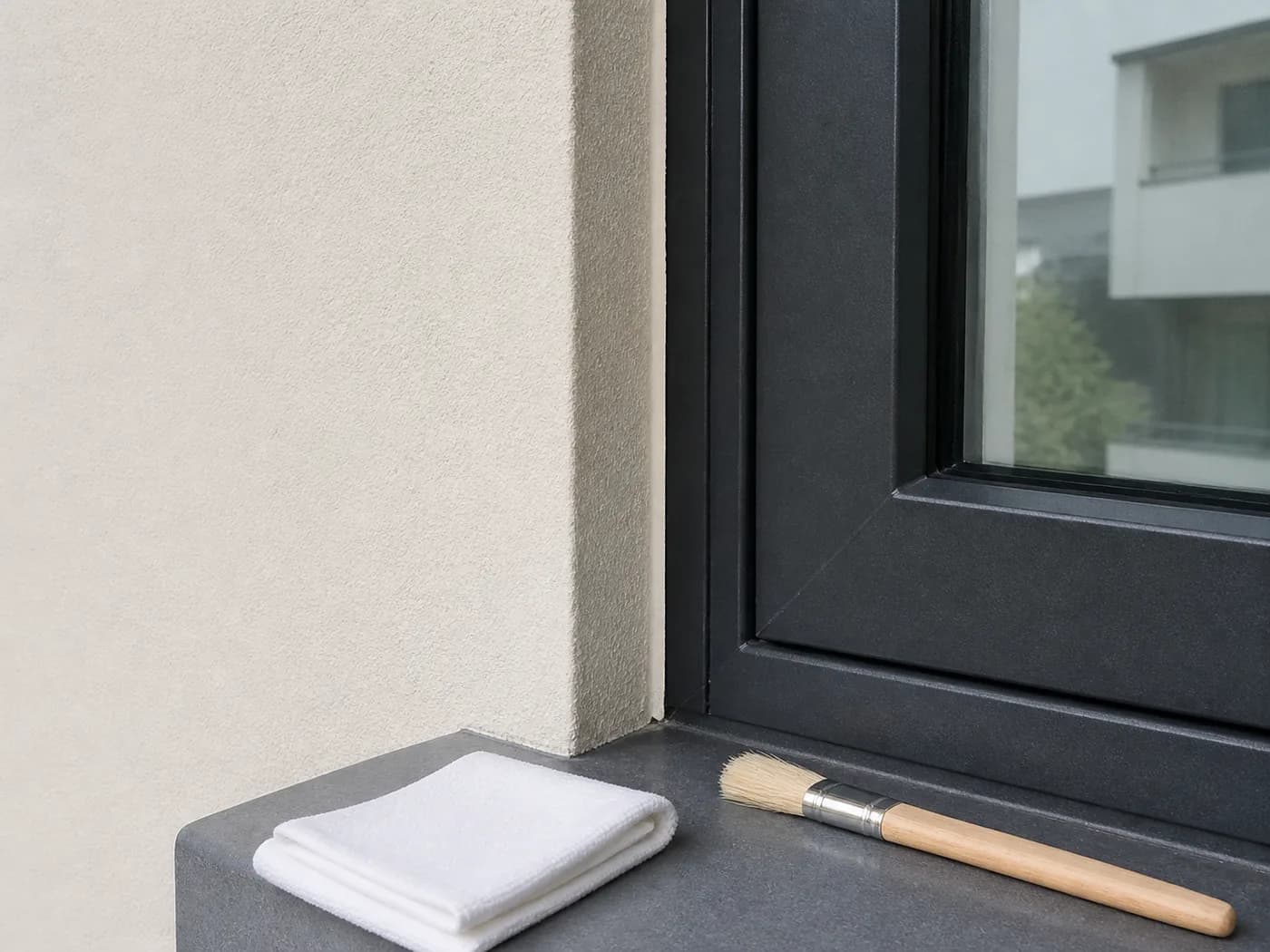 Empty window perimeter joint with preparation cloth and soft brush nearby