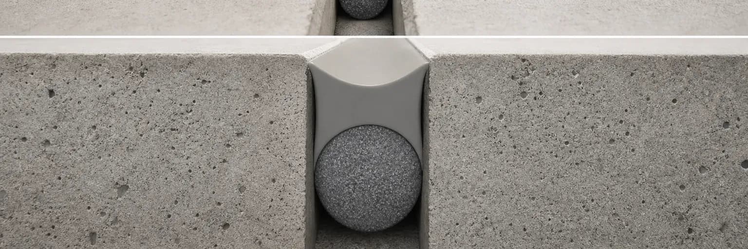 Cutaway of round backer rod beneath sealant bonded only to two opposing joint faces
