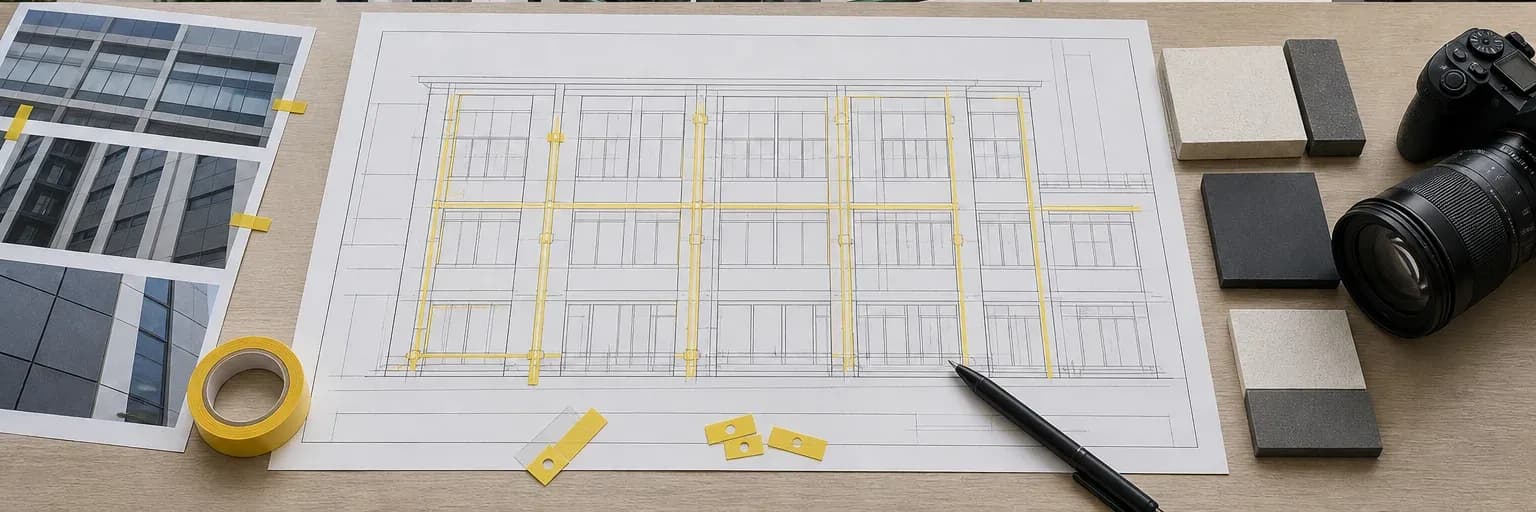 Façade elevation map with joint runs, orientations and numbered inspection locations