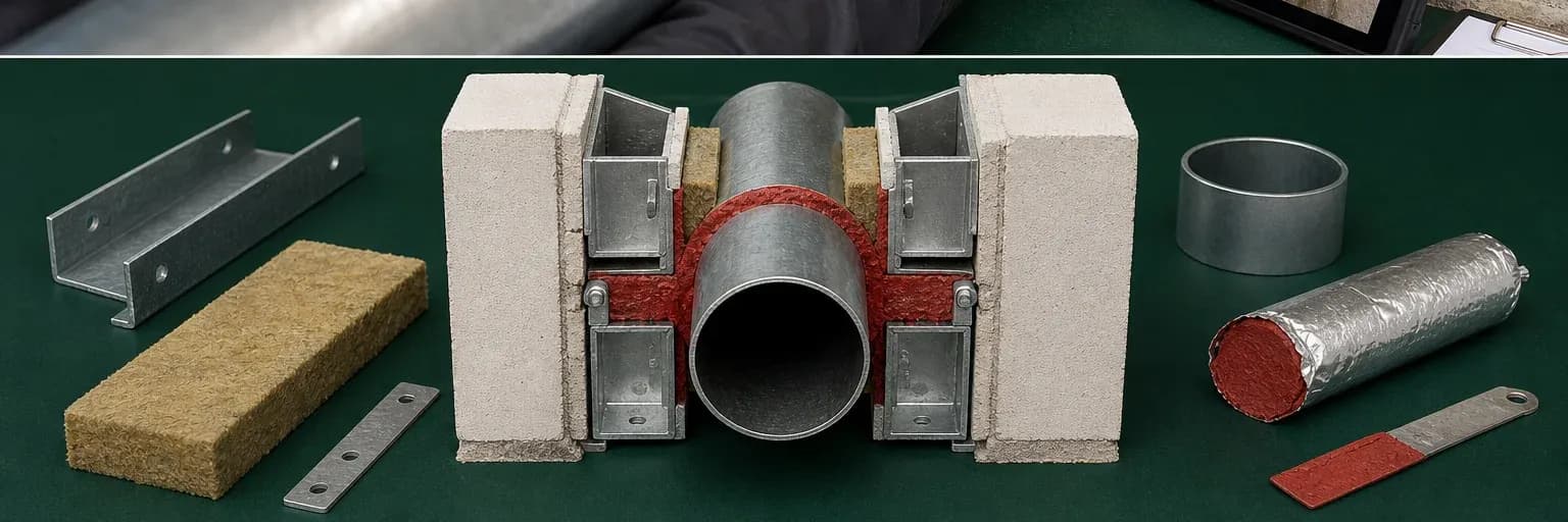 Wall and floor penetration examples with different pipe, cable and linear joint configurations shown separately
