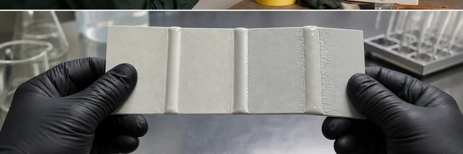 Acrylic sealant test beads coated with several labelled paint swatches on a sample board