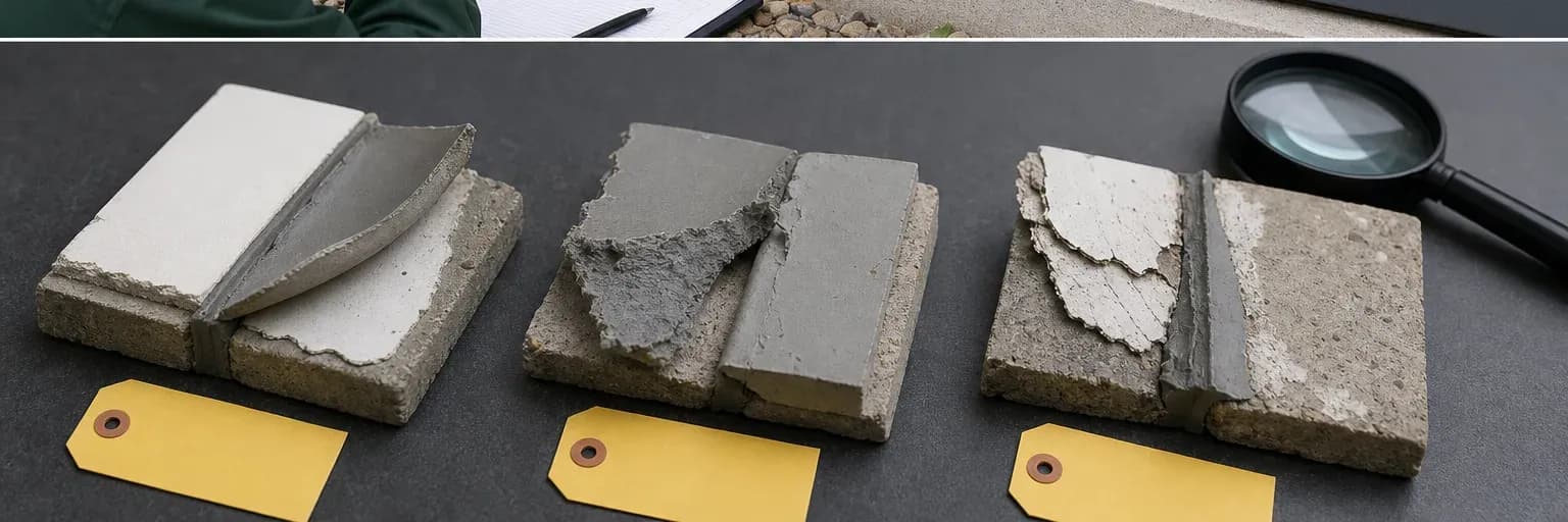 Close inspection of a removed sealant sample with both substrate faces and failure location visible