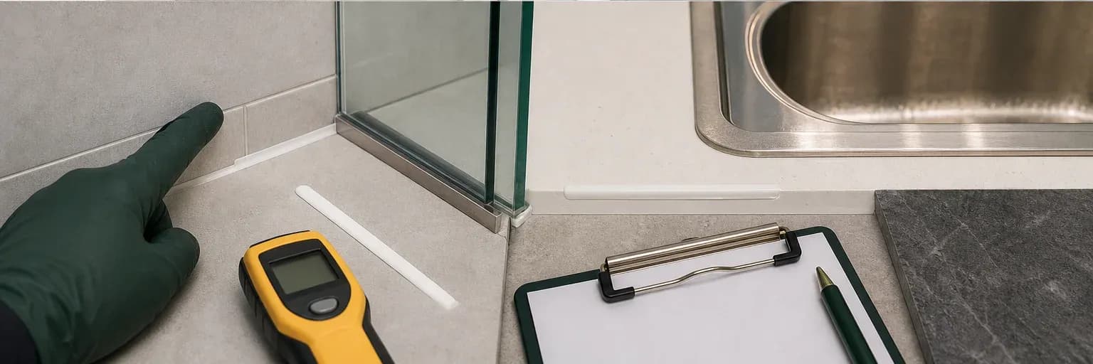 Close-up of tile, glass, aluminium and basin joints marked as separate substrate pairs